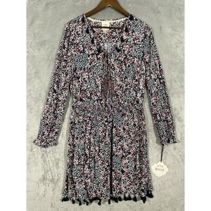 NWT Knox Rose Dress Sz L Blue Floral Tassel Hem Boho Long Sleeve Peasant Cottage